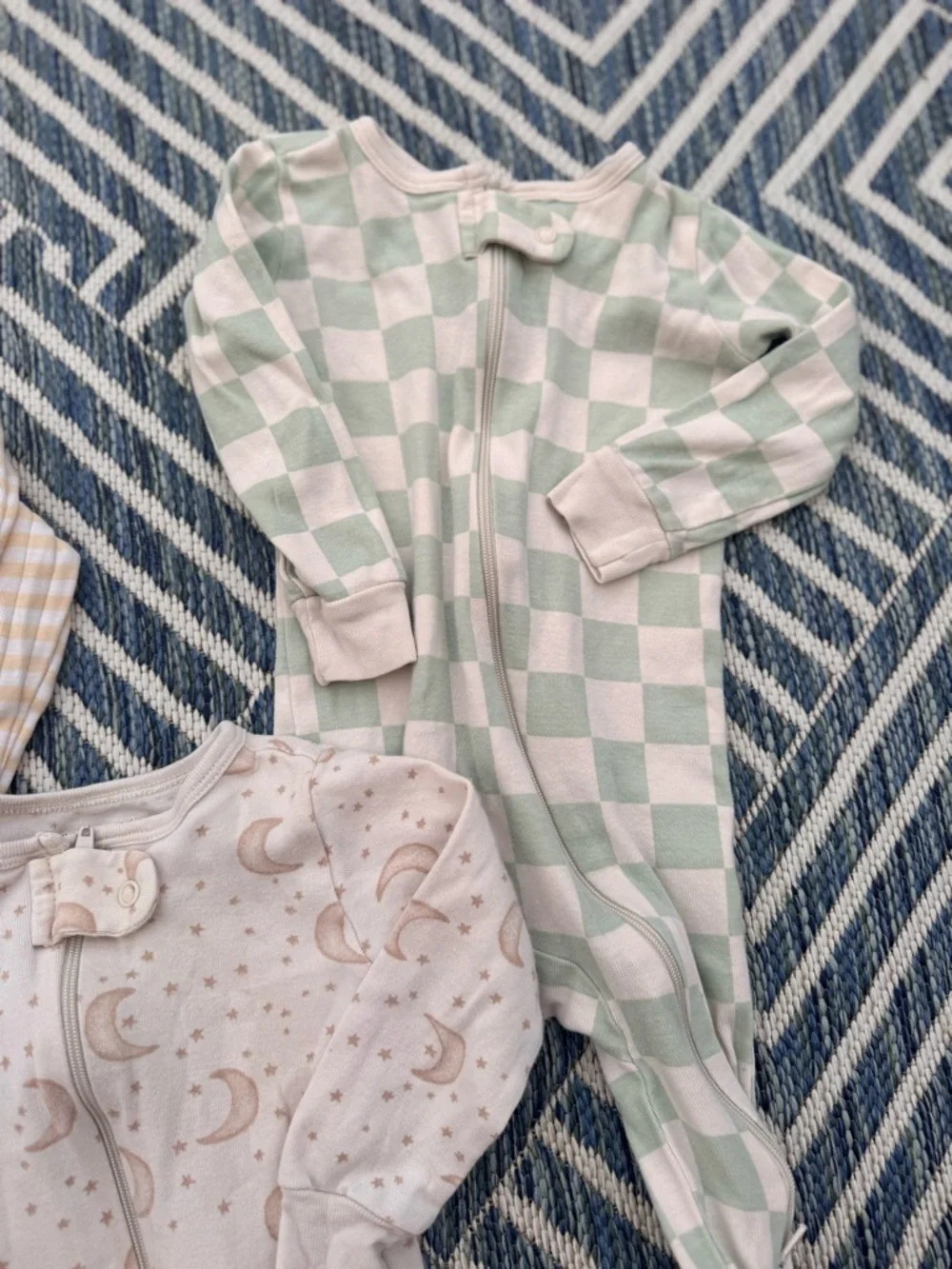 3-Pack Baby Footed One-Piece Sleepers — Yellow Stripe, Sage Check, Blush Moon